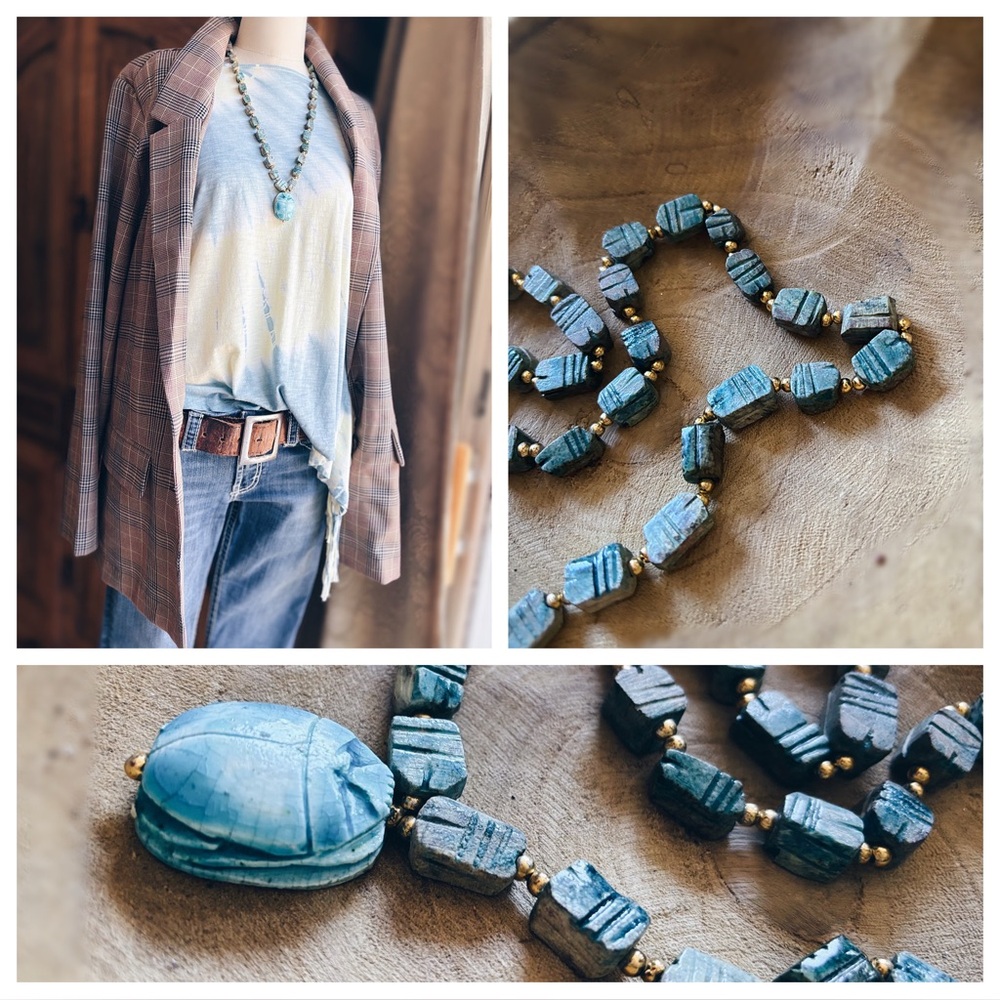 Vintage Soapstone & Chunky Egyptian Ceramic Scarab Necklace - Picture 4 of 14